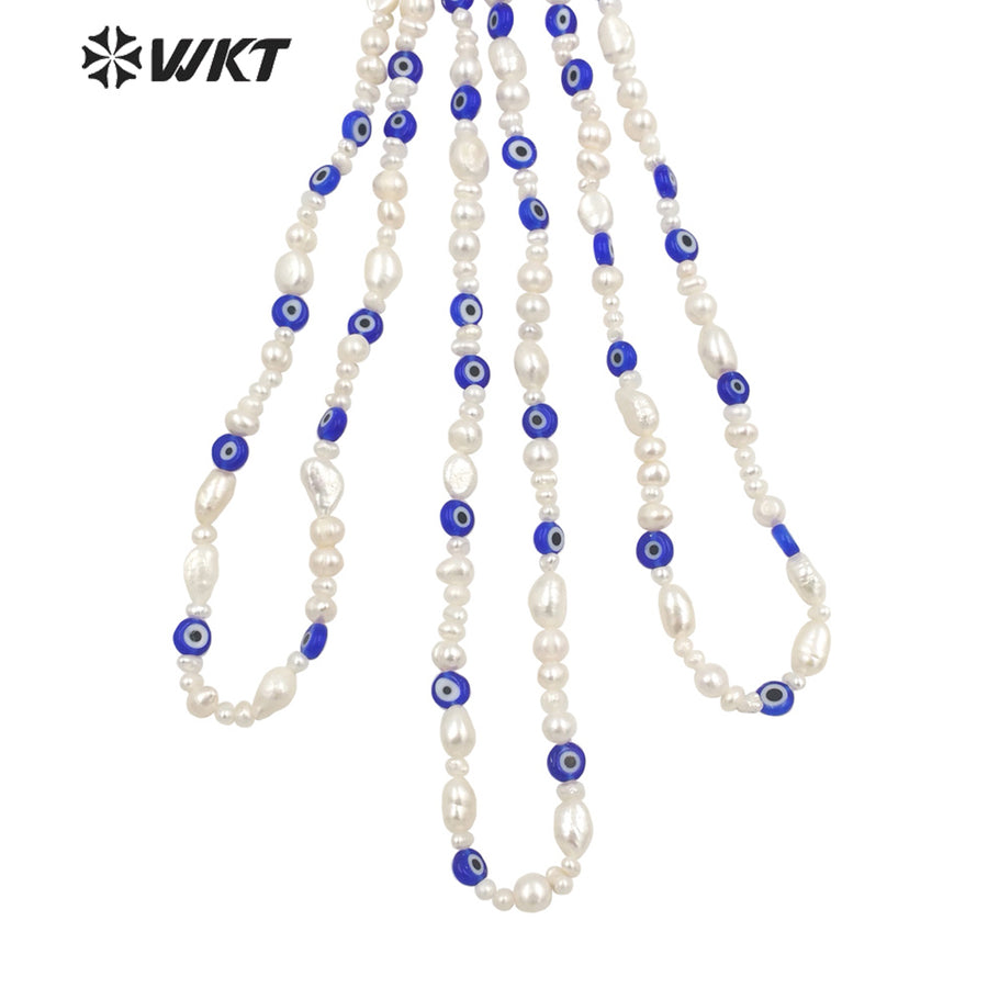 WT-JN209 Unique Exclusive Design Gorgeous Blue Eye Beads Necklace Popular Freshwater Pearl Choker Necklace with Locker