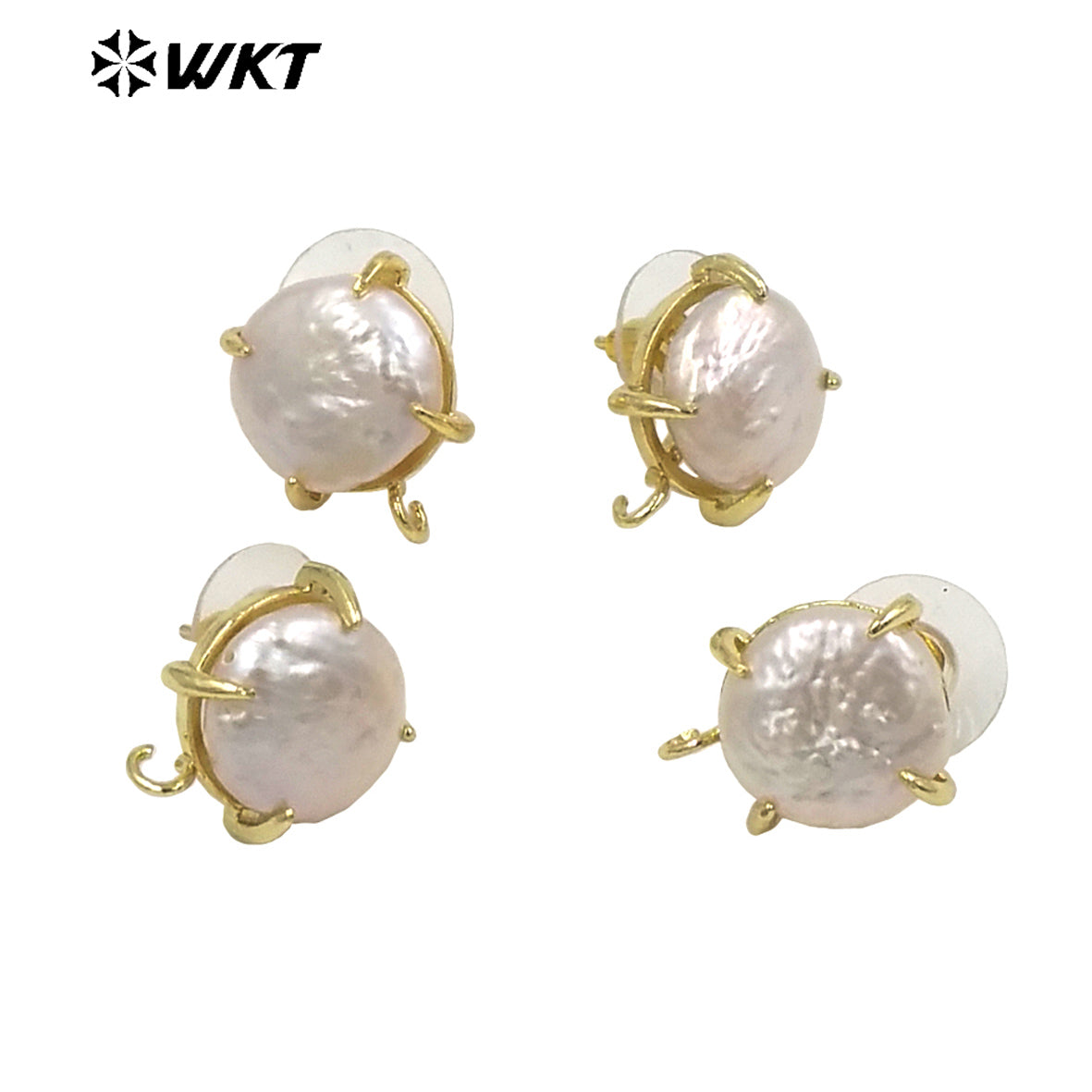 JFE81 Unique Fashion Gold Claw Setting Round Coin Freshwater Pearl Studs with Hoop for Jewelry Making Women DIY Popular Ear Stud