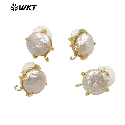 JFE81 Unique Fashion Gold Claw Setting Round Coin Freshwater Pearl Studs with Hoop for Jewelry Making Women DIY Popular Ear Stud