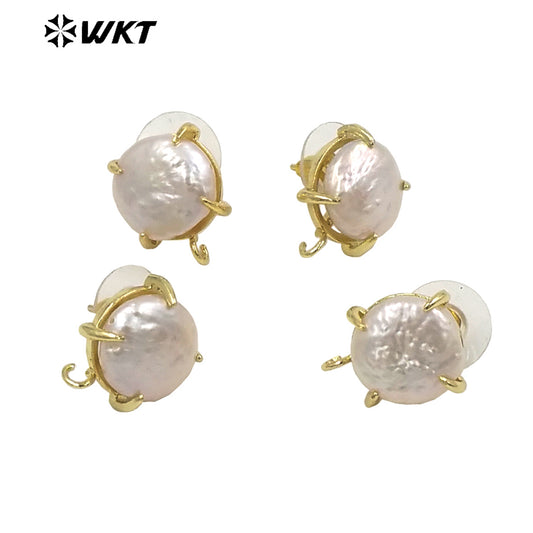 JFE81 Unique Fashion Gold Claw Setting Round Coin Freshwater Pearl Studs with Hoop for Jewelry Making Women DIY Popular Ear Stud