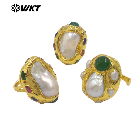 WT-MPR145 Amazing Luxury Gold Plated Random Shape Baroque Pearl With Natural Jade Rings Ladies Resist Tarnishable Jewelry Gift