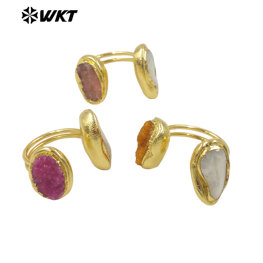 WT-MPR118 New Product Explosion Fashion 18K Gold Plated Pearl Druzy Quartz Double Stone Open Size Ring for Women As Special Gift