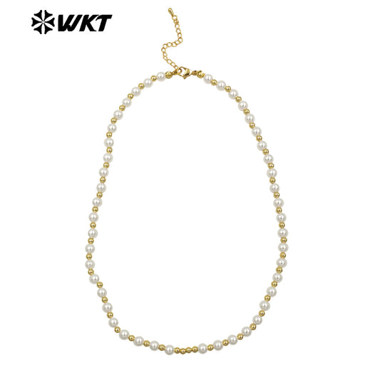 WT-JFN21 WKT 18 Inch Long 6mm Artificial Shell Pearl Space Beads Hand Strand Necklace in Real Gold Plated