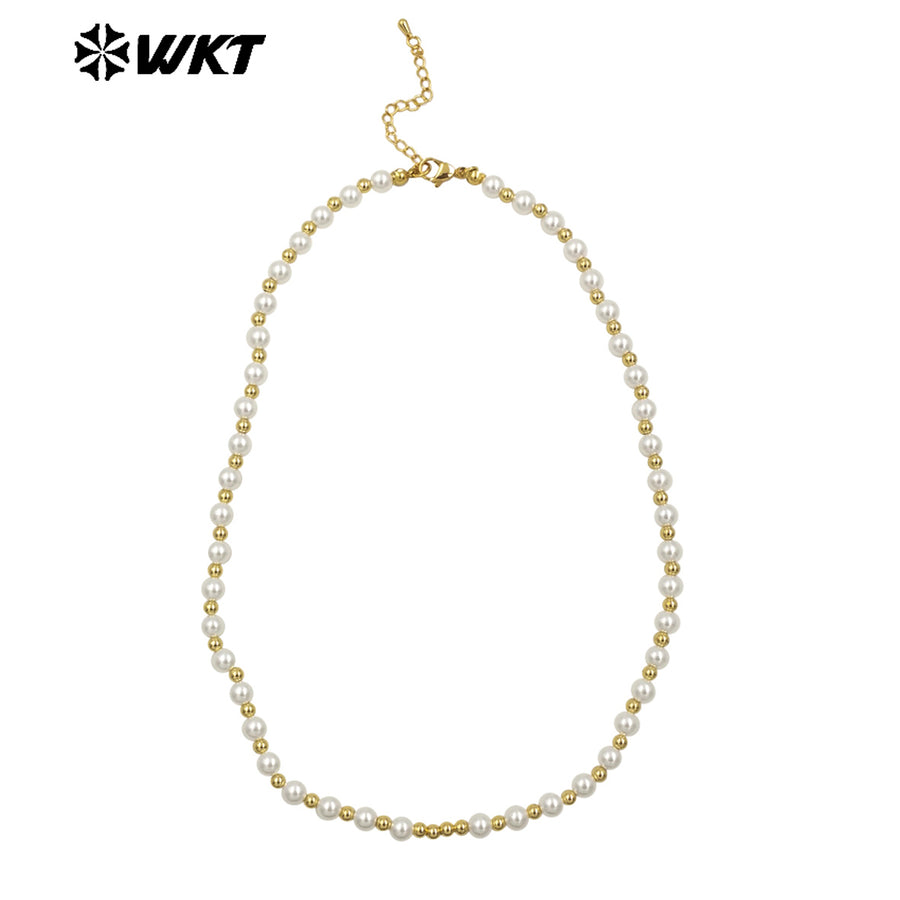 WT-JFN21 WKT 18 Inch Long 6mm Artificial Shell Pearl Space Beads Hand Strand Necklace in Real Gold Plated