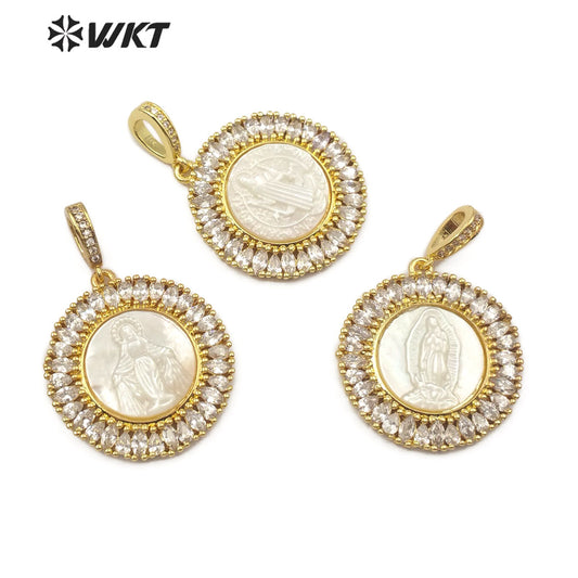WT-MP115 Hot Sale Jewelry Fashion Virgin Mary Guadalupe Benedict 18K Gold Plated Round Shape Religious CZ Pave Pendant