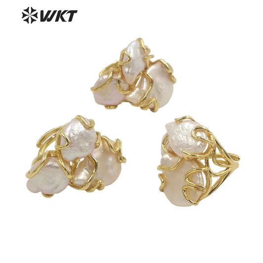 WT-MPR038 European Royal Style Triple Precious Freshwater Pearl Ring With Clawing Setting in 18k Real Gold Plated Women Ring