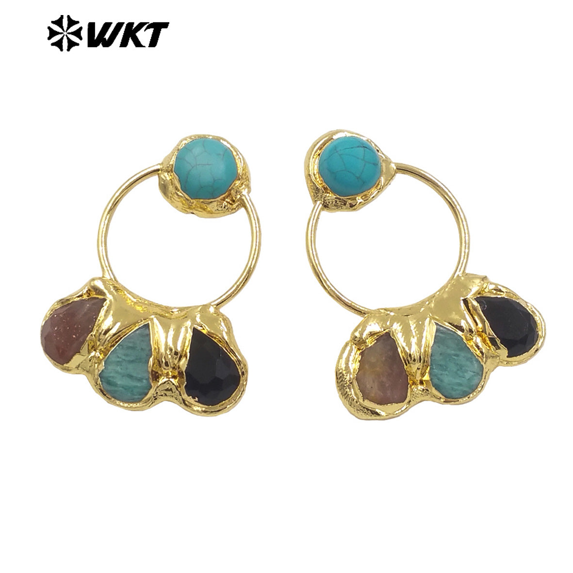 WT-E755 WKT Exclusive Hand Made Multi Natural Stone Big Statement 18K Gold Plated Water Drop Pendant Earrings
