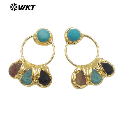 WT-E755 WKT Exclusive Hand Made Multi Natural Stone Big Statement 18K Gold Plated Water Drop Pendant Earrings