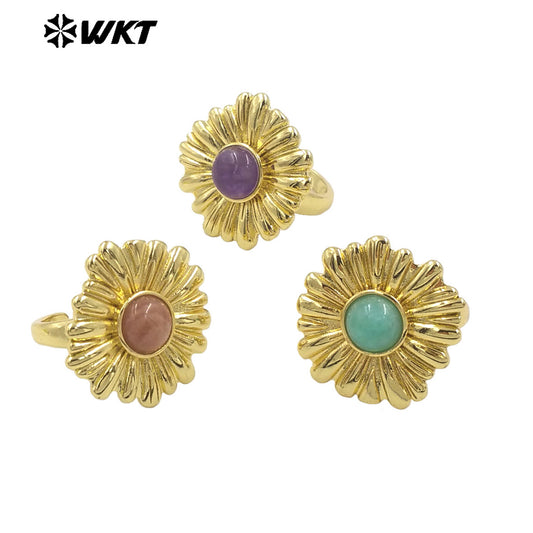 WT-R532 Newest Design Romantic Delicate 18K Real Gold Plated Metal With Natural Round Stone Setting Women Party Rings