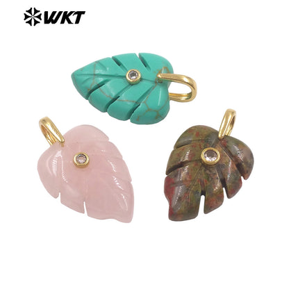 WT-P2141 Wonderful Zircon And Multi Colors Natural Gemstones Hand Carved Leaf Shape Gold Pendants For Lady Earrings DIY