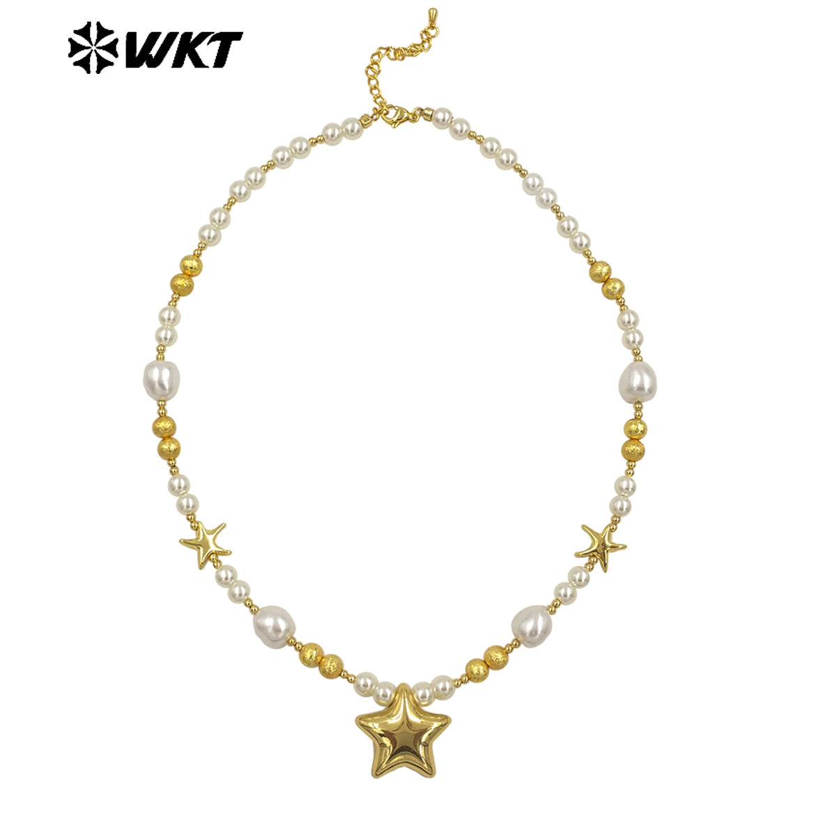 WT-JN287 WKT Natural Yellow Brass Artificial Pearl Star Shape Gold and Silver 16 Inch Necklace for the Girl As Birthday Gift