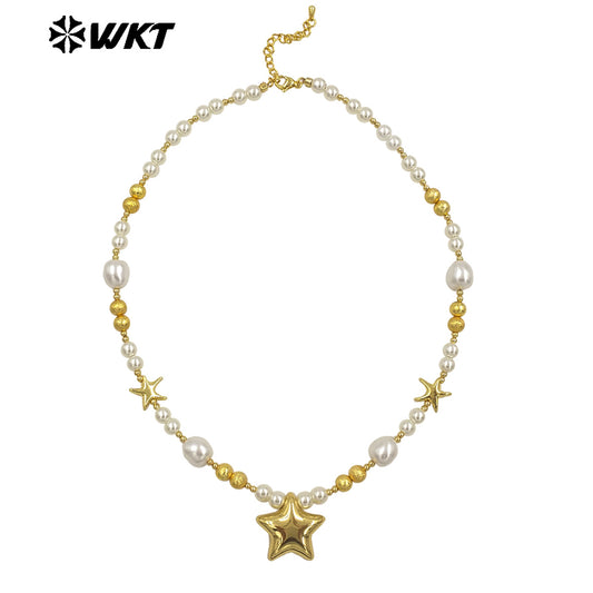 WT-JN287 WKT Natural Yellow Brass Artificial Pearl Star Shape Gold and Silver 16 Inch Necklace for the Girl As Birthday Gift
