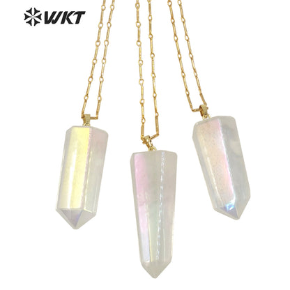 WT-N1390 Amazing Healing Aura Crystal Quartz Point Necklace Simple Hoop Angel Color Stone Hexagon Necklace in Gold