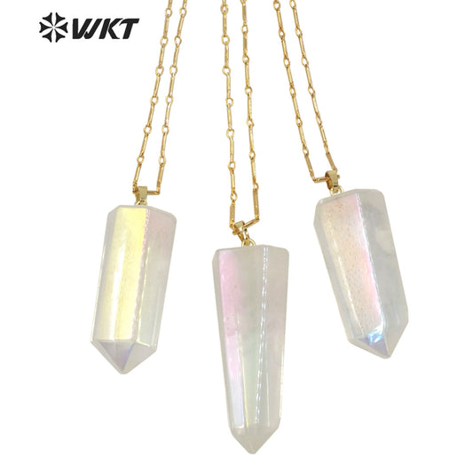 WT-N1390 Amazing Healing Aura Crystal Quartz Point Necklace Simple Hoop Angel Color Stone Hexagon Necklace in Gold
