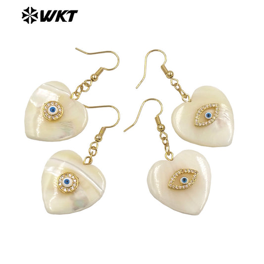 WT-MPE130 Lovely 18k Gold Plated Lady Natural White Shell Heart Earring With Micropave Cubic Zircon for Girl Birthday Gift