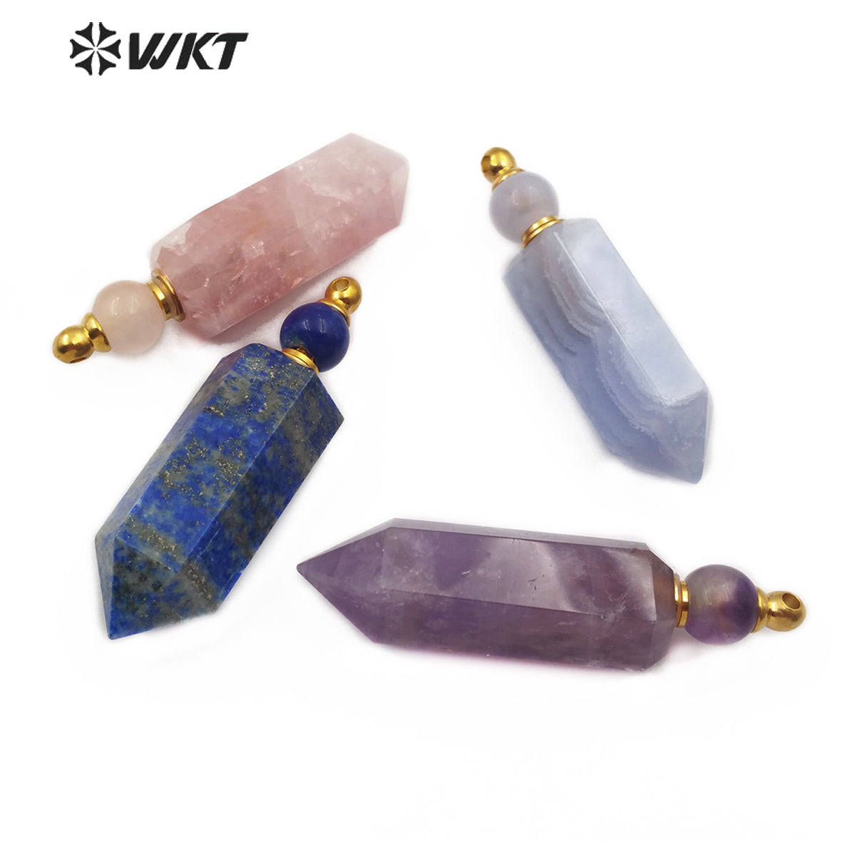 WT-P1463 Fashion Stone Perfume Bottle Pendant Natural Amethyst Lapis Rose Quartz Blue Agate Pendant Stainless Steel Accessory