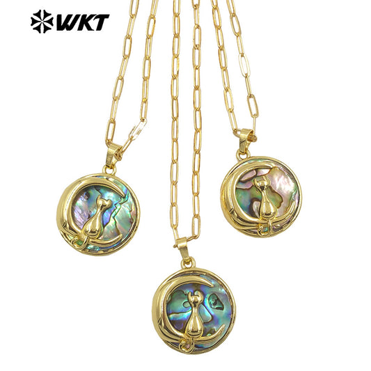 WT-JN332 High Quality Gold Plated Rectangle Chain With Natural Abalone Shell Round Pendant Necklace For Ladies Vintage Jewelry