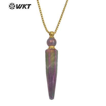 WT-N1282 Wholesale Long Bullet Shape Aura Amethyst Essencial Oil Necklace Lady Natural Stone Perfume Bottle Necklace