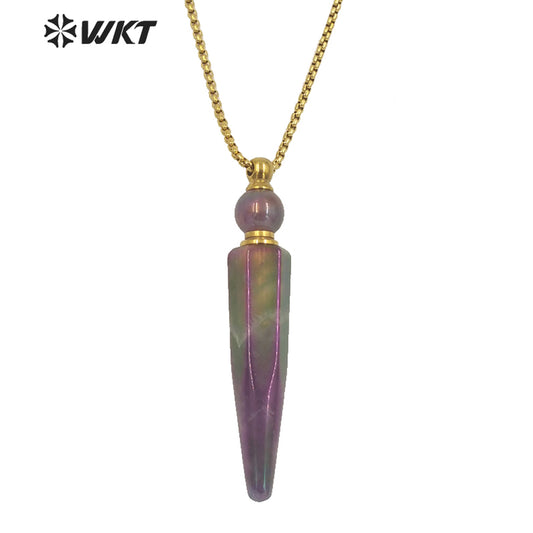 WT-N1282 Wholesale Long Bullet Shape Aura Amethyst Essencial Oil Necklace Lady Natural Stone Perfume Bottle Necklace