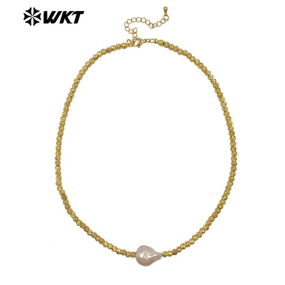 WT-JN333 Classic And Simple Design Gold Plated Beads With Single Baroque Pearl Necklace For Women Luxury Jewelry Gift