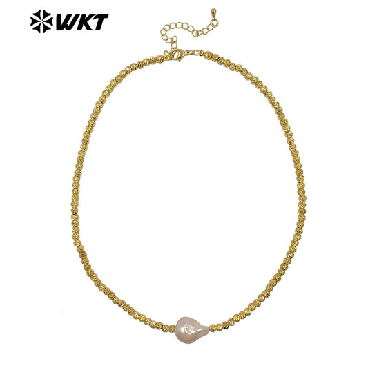 WT-JN333 Classic And Simple Design Gold Plated Beads With Single Baroque Pearl Necklace For Women Luxury Jewelry Gift