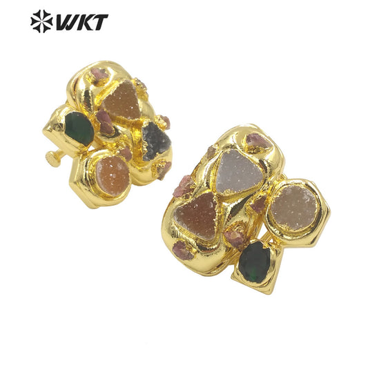 WT-R503 Gorgeous Amazing 18K Gold Plated Resist Tarishable Multi Druzy Agate Stones Big Cocktail Party Ring in Adjustable
