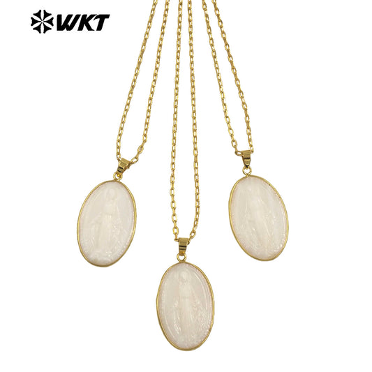 WT-JN315 New Hot Style Fashion Gold Plated Bezel Setting White Shell Carved Virgin Mary Pendant Necklace For Gift