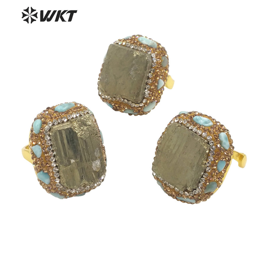 WT-R435 WKT Victoria Age Classic Natural Raw Pyrite Ring Unique Gold Rhinestone Charm Energy Stone Ring for Friend Gift