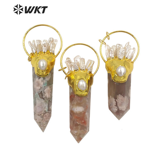 WT-P1679 Wholesale Fashion 18k Real Gold Plated Pearl and Cherry Agate Big Chunky Stone Pendant for Necklace Jewelry