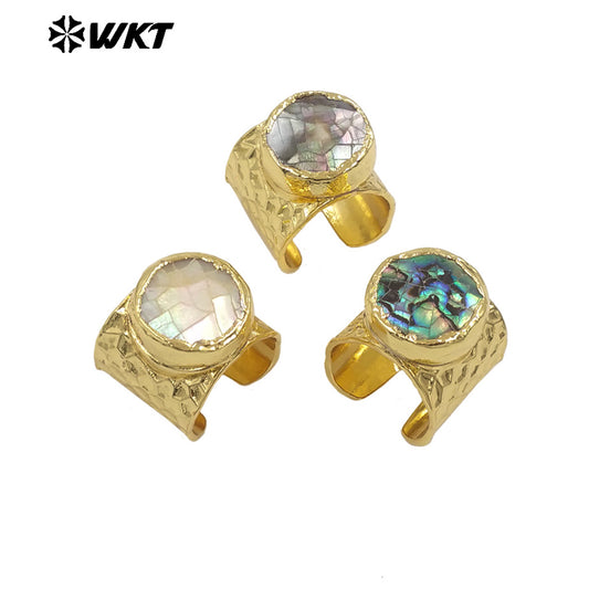 WT-MPR138 Newest Open Size Multi Colors 18K Gold Electroplated Round Crackle Natural Shell Rings For Party Wearing Jewelry