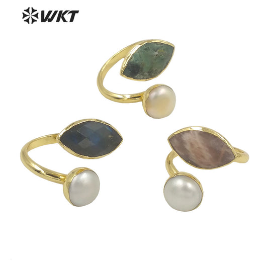 WT-R406 Elegant Natural Gemstone Pearl Rings Adjustable Rings Small Cute 18k Gold Plated As Women Gift Natural Stone Ring