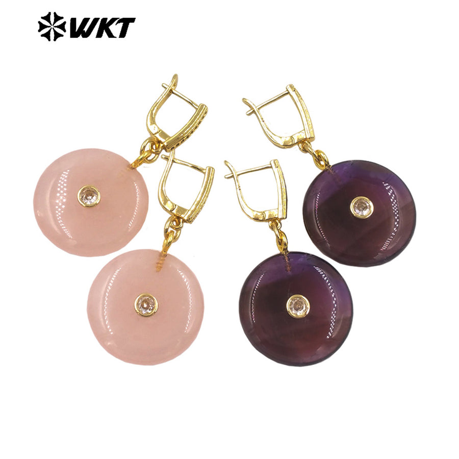 WT-E809 Fashionable Rose Quartz Various Natural Gemstones With Zircon Round Gold Earrings As Women Daily Elegant Jewelry