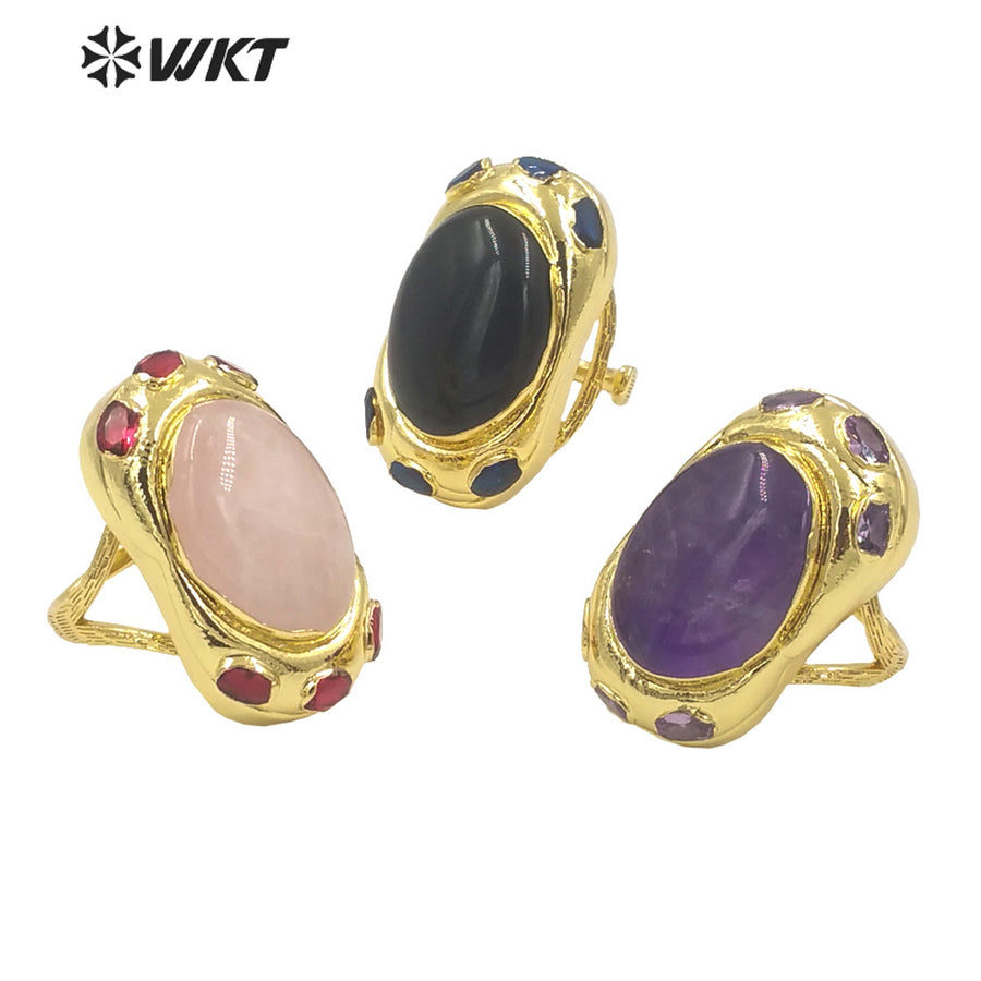 WT-R501 Lovely New Europe Design 18K Real Gold Plated Oval Stone With Zircon Around Unisex Popular Gemstone Ring