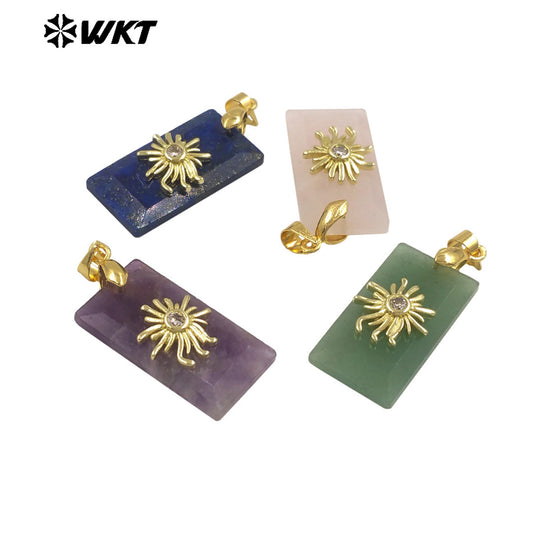 WT-P2068 Wholesale Gold Electroplated Sun Zircon And Natural Gemstones Rectangle Pendants As Handmade Jewelry Accessory