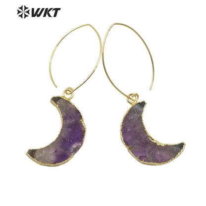 WT-E666 Crescent Shape Natural Stone Amethyst Earrings Women Jewelry 18k Gold Plated Earrings Stone Earring