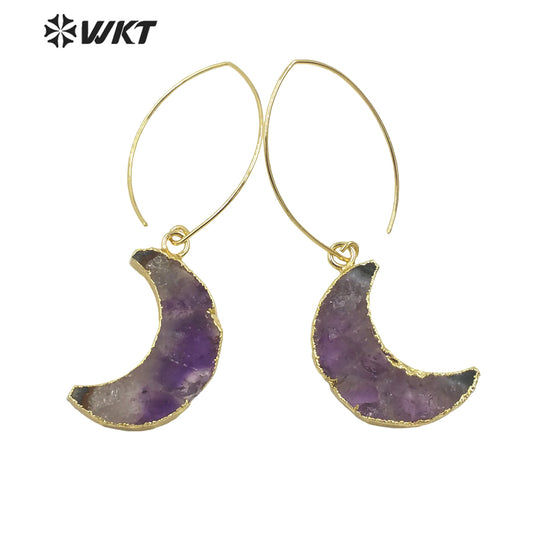 WT-E666 Crescent Shape Natural Stone Amethyst Earrings Women Jewelry 18k Gold Plated Earrings Stone Earring