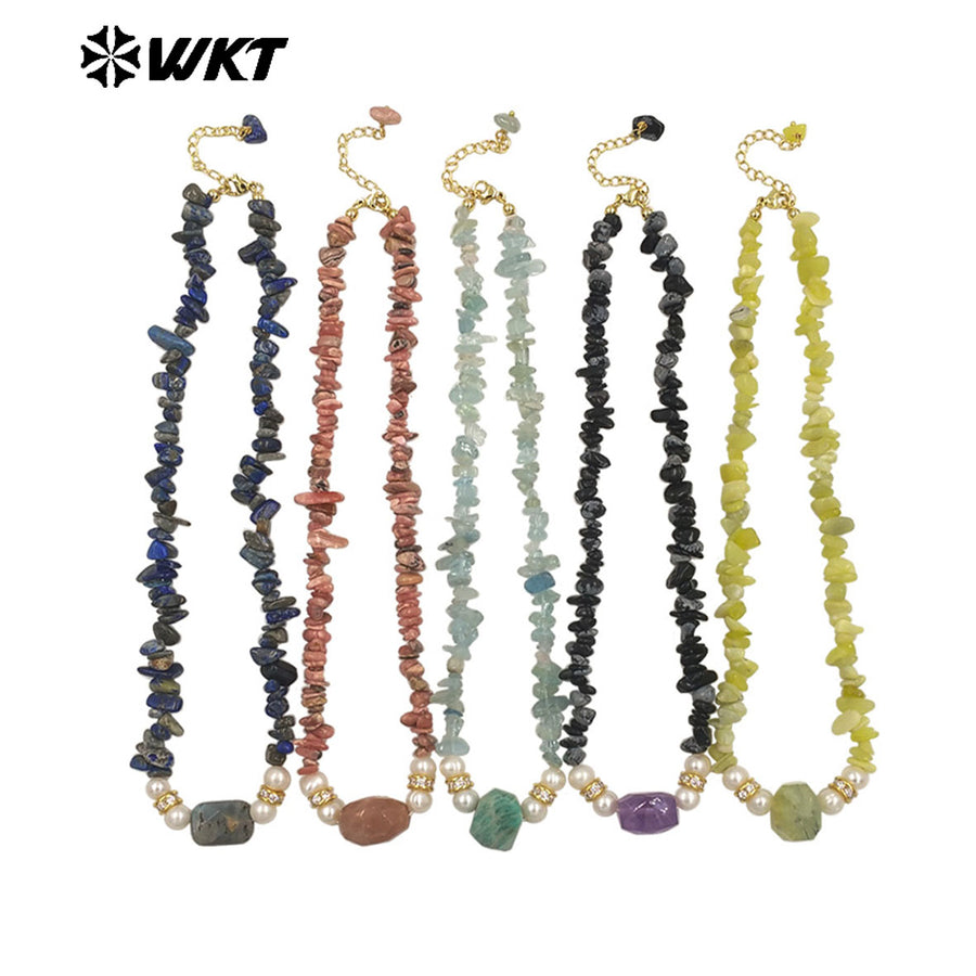 WT-N1484 Beautiful Natural Colorful Gemstones Necklace With Tiny Stone and Pearl Little Zircon Gold Plated Special Ladies Gift