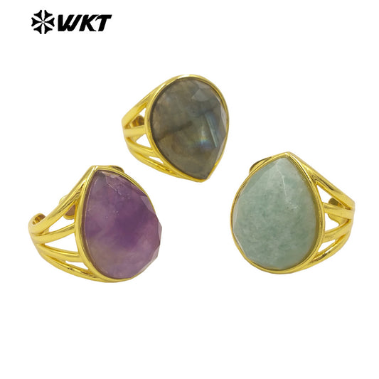 WT-R425 Wholesale Fashion Gold Bezel Natural Teardrop Stone Ring Amazing Gorgeous 18k Resist Tarnishable Lapis Drop Ring