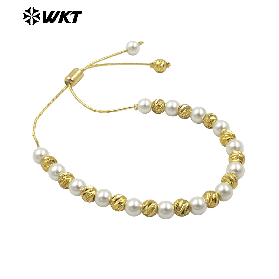 WT-JF352 Wholesale Fashion 18K Gold Plated Pearl and Hammer 6mm Beads Hand Strand Chain Bracelet