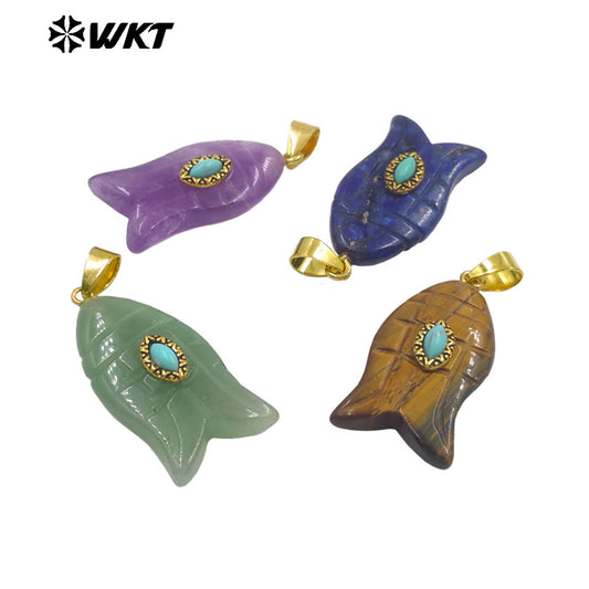 WT-P2012 Wonderful Gold Plated Fish Shape Multi Colors Natural Gemstones Set In Small Stone Pendants For Unique Jewelry Making