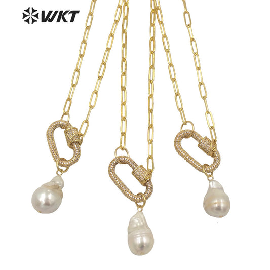 WT-JN152 Wholesale Fashion Gorgeous Natural Freshwater Baroque Pearl Necklace Gold Micropaved CZ Clasp Decorative Pearl Necklace