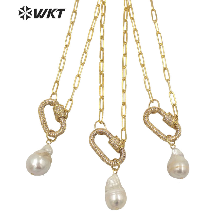 WT-JN152 Wholesale Fashion Gorgeous Natural Freshwater Baroque Pearl Necklace Gold Micropaved CZ Clasp Decorative Pearl Necklace