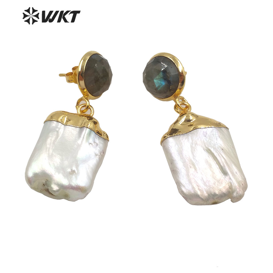 WT-MPE006 Wholesale Natural Pearl With Labradorite Stone Earring Fashion Lady Pearl Earring Charming Labradorite Earring