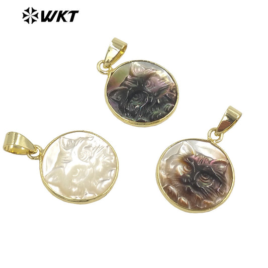 WT-JP346 WKT New Arrival Novel Cat Engraved Colorful Design Ball Shaped Gold Plated Necklace Pendants Shell Pendant