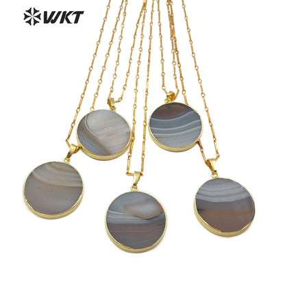 WT-N1150 New Arrival Fashion for Lady Jewelry Round Shape Natural Stone Pendant Natural Color Grey Strip Agate Necklace