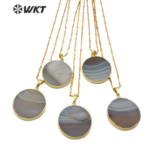 WT-N1150 New Arrival Fashion for Lady Jewelry Round Shape Natural Stone Pendant Natural Color Grey Strip Agate Necklace