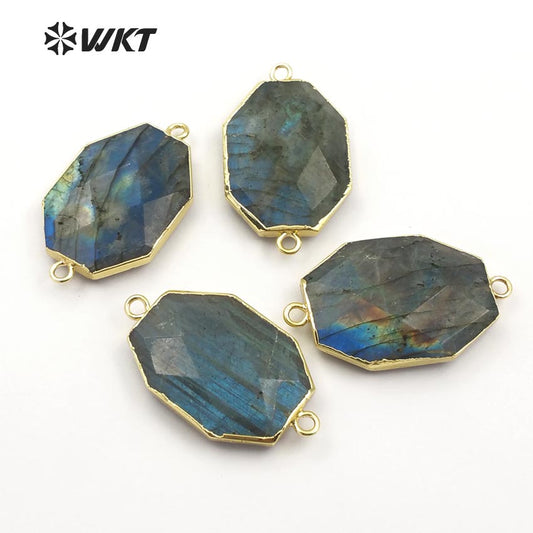 WT-C263 Sparkly Exquisite Polygon Shape Stone With Gold Trim Pendant for Vintage Jewelry Faceted Labradorite Stone Connectors