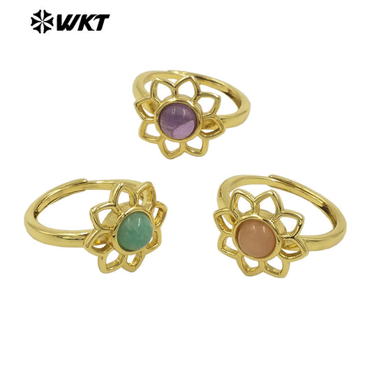 WT-R535 Elegant Gold Plated Resist Tarnishable Lotus Flower Stone Ring for Lady Daily Wear or Gift for Friend Jewelry