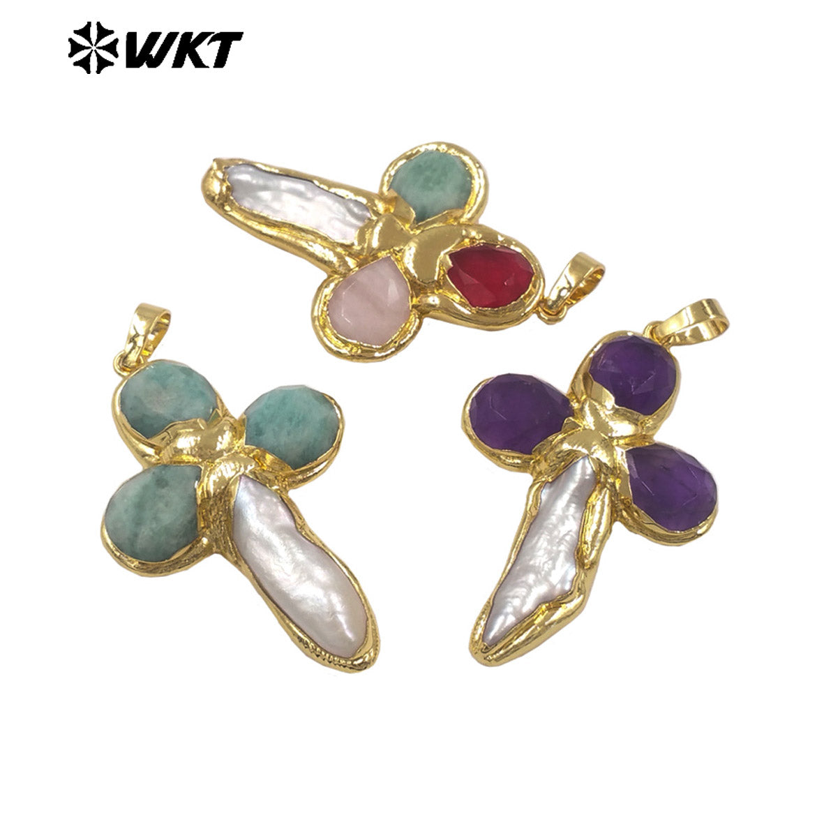 WT-JP382 Classic Cross Shape With Colored Natural Stone Pearl and 18k Gold Plated Pendant for Necklace Accessory
