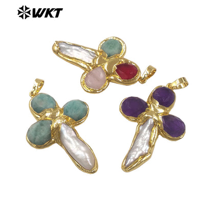 WT-JP382 Classic Cross Shape With Colored Natural Stone Pearl and 18k Gold Plated Pendant for Necklace Accessory